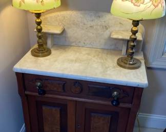  03 Victorian Style Walnut Marbletopped Washing Station With Vintage Floralglass Brass Lamps