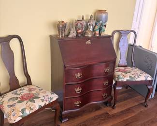 Vintage Maddox Mahogany Chippendale Style Secretary Desk with Floral Upholstered Chairs
