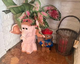 Pink Elephant Planter and Paddington Bear Figurine