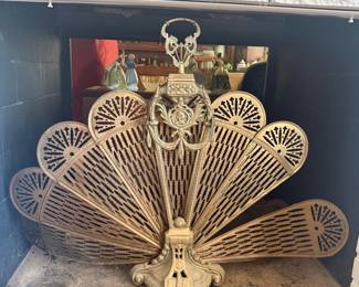 Vintage Brass Peacock Fan Fireplace Screen