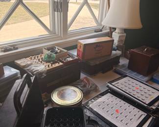 Assorted Collectibles Lot: Stamps, Phillies Cheroot Box, Watch Parts