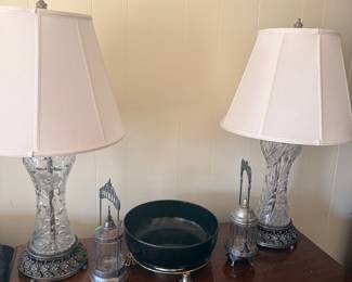 Pair of Cut Crystal Lamps with Silver-Plate Condiment Holders and Black Bowl