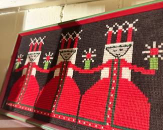 Vintage Framed Needlepoint - Three Figures with Hats