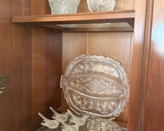 Frosted Glass Cherry Vase, Etched Floral Platter, and Frosted Bird Figurines Set