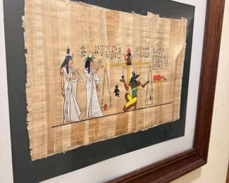 Framed Egyptian Papyrus Painting of the Weighing of the Heart Ceremony