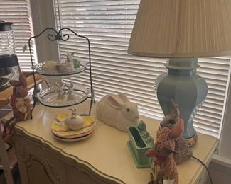 Sky Blue Octagonal Ceramic Lamp with Pleated Shade and Easter Bunny Figurines