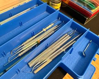 Dental Examination and Manipulation Tool Set in Blue Plastic Case with Calligraphy Set and Drawing Ink