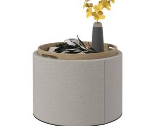 HOMCOM Storage Ottoman Coffee Table with Flip Top Tray and Hidden Space, Round Foot Stool with Linen-feel Fabric Upholstery, Light Gray - set of two  - seen in side table mode