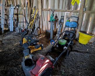 mowers, snow blower, ladders, garden tools