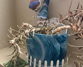 Whimsical Blue Marbled Planter with Faux Picket Fence and Figurine