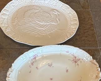 Theodore Haviland Limoges Pink Floral Porcelain Platter and Crystal Bowl Set