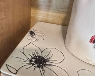 Red Truck and Pine Tree Cookie Jar with Floral Plates