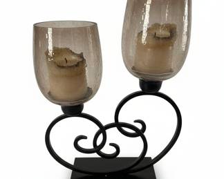 Hammered Glass Hurricane Candle Holder with Metal Scroll Base