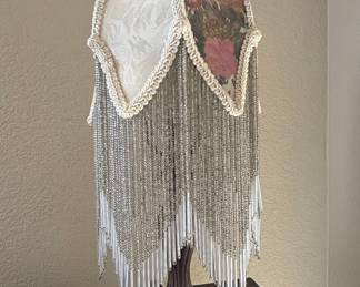 Vintage Beaded Lamp Shade with Floral and Damask Fabric and Art Nouveau/Deco Base