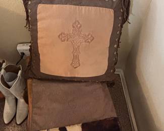 Western Style Faux Leather Throw Pillow with Cross Design