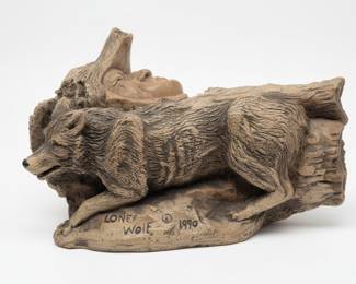 Native American Chief with Wolf Headdress Sculpture by Neil J. Rose