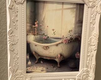 Ornate White Rococo Style Framed Print of a Bathtub with Flowers