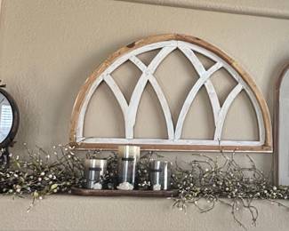 Farmhouse Mantel Decor Set with Arched Window Pane, Lavender Print, and Vintage Clock