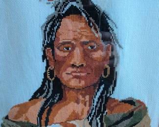Vintage Framed Native American Portrait Cross-Stitch Art