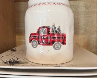 Red Truck and Pine Tree Cookie Jar with Floral Plates