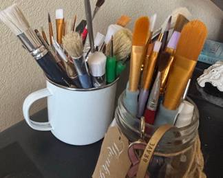 Crafting Supplies Lot with Lace, Ribbons, Paint brushes and Sewing Notions