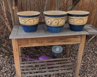 Set of Three Hand-Painted Talavera-Style Ceramic Planters with Wooden Stand