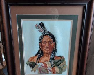 Vintage Framed Native American Portrait Cross-Stitch Art