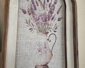 Farmhouse Mantel Decor Set with Arched Window Pane, Lavender Print, and Vintage Clock