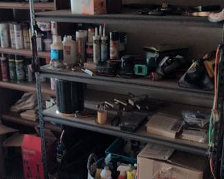 Assorted Hand Tools and Workshop Supplies on Metal Shelving