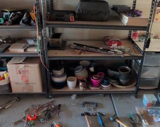 Assorted Hand Tools and Garden Pots on Shelving Unit
