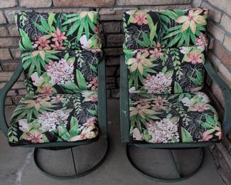 Pair of Swivel Patio Chairs with Tropical Floral Cushions