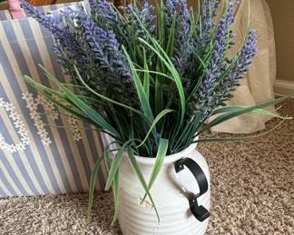 Faux Lavender Arrangement in White Crackle Glaze Pot with Metal Handle