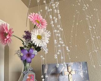 Decorative Pearl Spray with Faux Flowers and Religious Cross Display