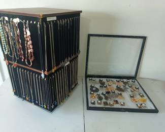 Silver and stone necklaces, Golden earrings