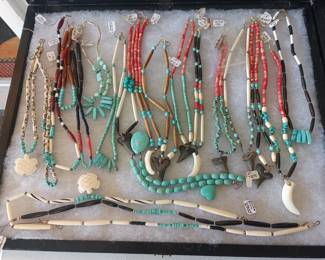 Turquise, bead, bone and teeth necklaces