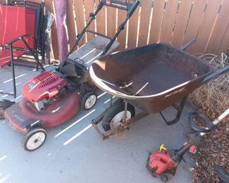 Cleanup tools, Mower and wheelbarrow