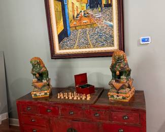 1900’s Chinese server with drawers and Picasso oil on canvas.