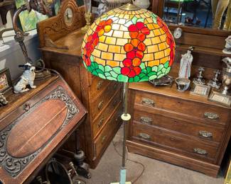 Antique Uranium Glass Floor Lamp with Incredible Stained Glass Shade