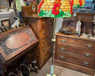 Antique Uranium Glass Floor Lamp with Incredible Stained Glass Shade