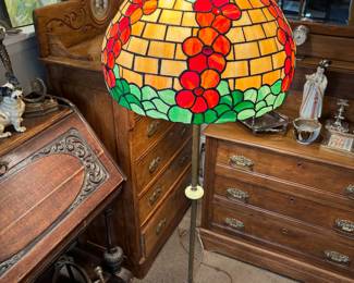 Antique Uranium Glass Floor Lamp with Incredible Stained Glass Shade