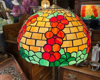 Antique Uranium Glass Floor Lamp with Incredible Stained Glass Shade