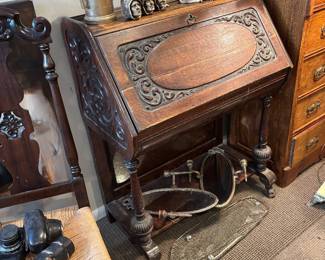Antique Oak Gothic Style Drop Front Desk