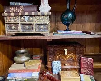 BRASS STUDDED BRUTALIST STYLE CHEST, VINTAGE HAND CARVED BOX, RELIGIOUS ARTICLES, MCM TEAL GLASS PEDESTAL PITCHER