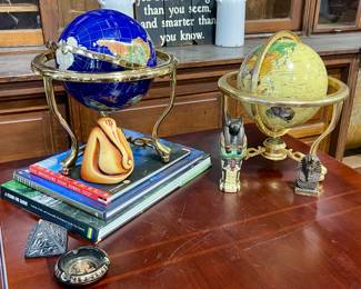 EGYPTIAN ART, COFFEE TABLE BOOKS, INLAID STONE GLOBES WITH BRASS STANDS