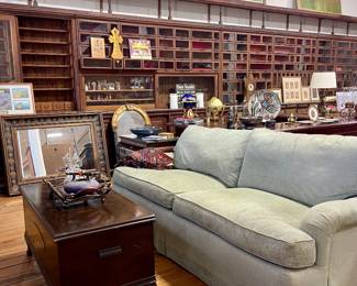 UPHOLSTERED COUCH, ANTIQUE FOREST PARK CEDAR CHEST