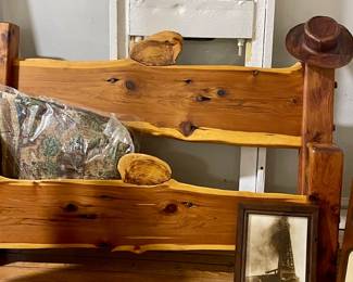 QUEEN SIZE HANDMADE CEDAR PLANK HEADBOARD/FOOTBOARD, FRAMED OILFIELD PRINT