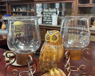 RUSTIC SPANISH STYLE WROUGHT IRON HURRICANE LAMPS, LEO KOPPY HAND CARVED OWL