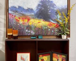 SHELVING UNIT, LARGE FLORAL PAINTING