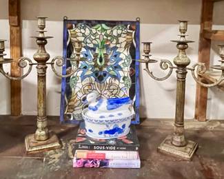 HEAVY METAL CANDLEABRAS, STAINED GLASS WALL HANGINGS, ASIAN CHINOISERIE BLUE & WHITE DUCK COVERED DISH