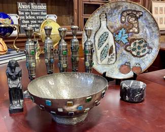 EGYPTIAN STATUE, METAL ART, CARVED STONE TRINKET BOX, LARGE DECORATOR PLATE